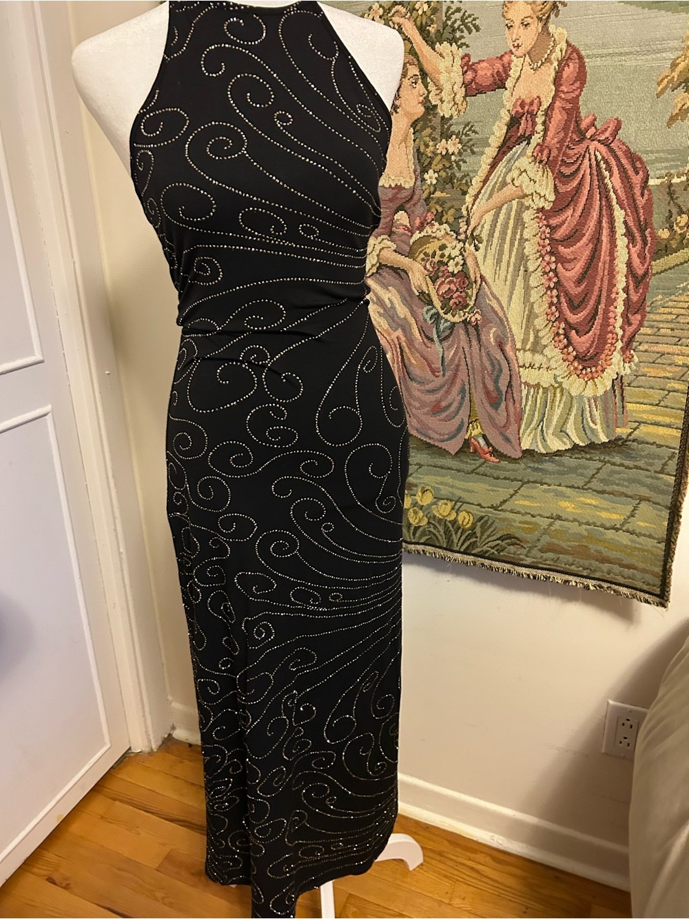 Morgan de Toi Black Halter Maxi Dress with Silver Embellishment